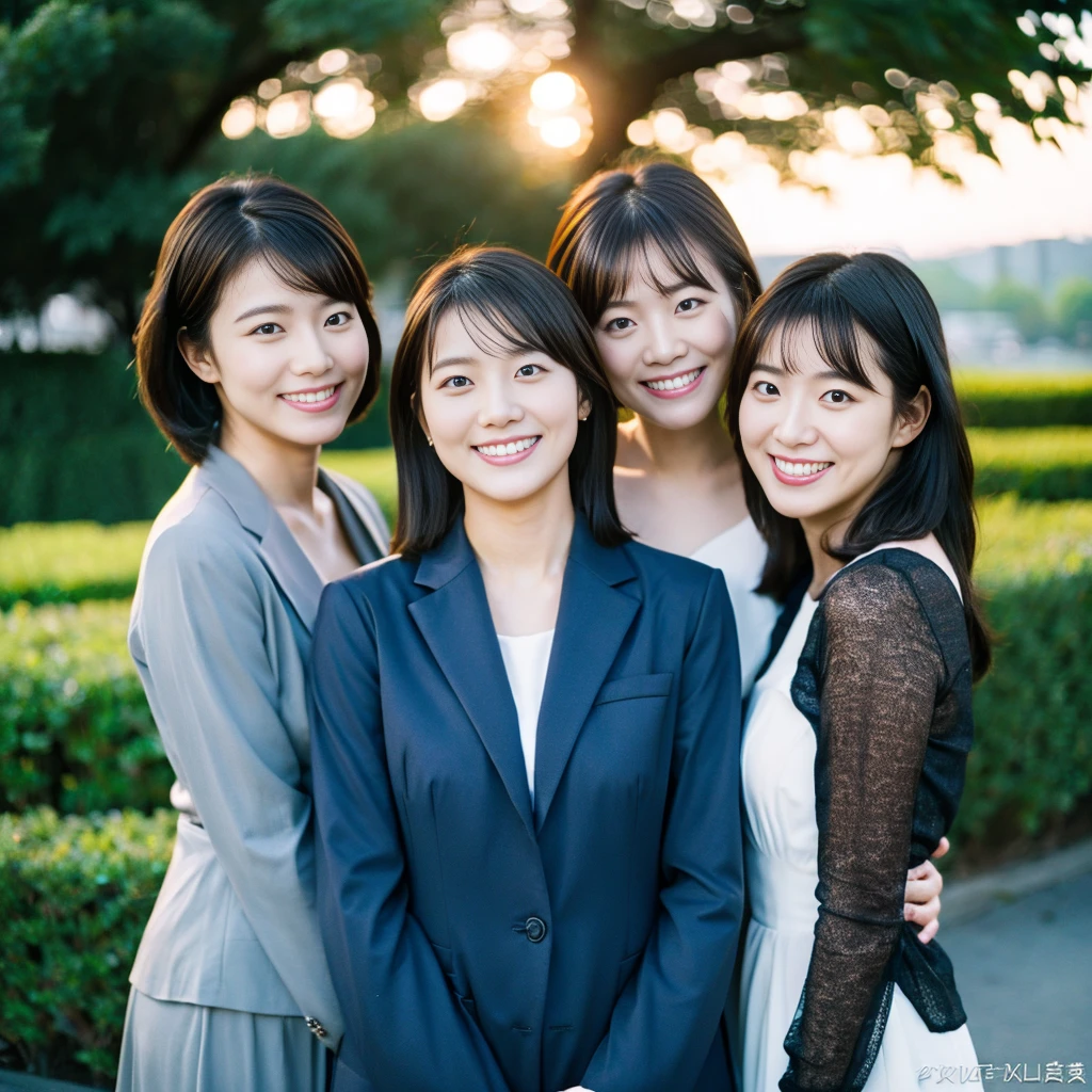 (Highest quality、high resolution、High resolution、masterpiece、8K:1.2)、Conservative fashion woman、23 year old Japanese woman、Two Women、business suit、semi-formal attire、Monotone clothes、Look here with a smile、(Kodak Portra 800 Film SMC Takumar 35mm F/ 2. 8 50 sec:1.3)、(RAW Photos、Photos like the real thing、Clear photos:1.2)、Narrow Face、Two good friends、City riverside in the evening、A town where you can see the sunset、Medium Hair、Mid-chest、Lifelike skin texture