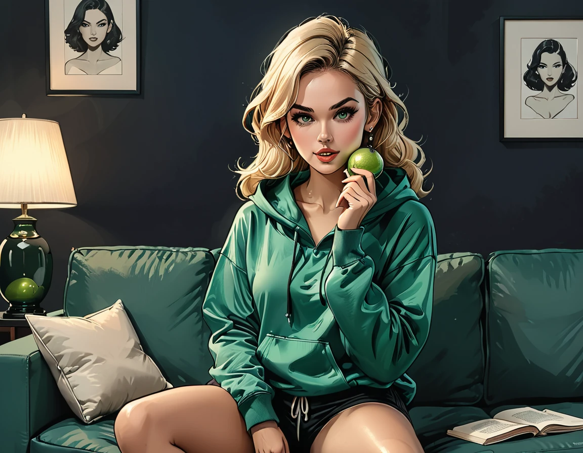 green pearl at hands,portrait girl eating a green pearl in Blue oversized hoodie and black Elastic shorts sits at sofa at dark green office, adult, [Nordic], Hourglass elongated fitness body, perfect Olive skin, Oval Face, Long neck, Rounded shoulders, perfect hand, Attached Pointed ears, round forehead, Short blonde Waves pixie hair, snub nose, Arched eyebrows, High Round Narrow cheekbones, Dimpled Cheeks, Rounded Chin, Rounded Jawline, Full nude Lips, Nude Makeup Look, long eyelashes, graphic style of novel comics, 2d, 8k, hyperrealism, masterpiece, high resolution, best quality, ultra-detailed, super realistic, Hyperrealistic art, high-quality, ultra high res, highest detailed, lot of details, Extremely high-resolution details, incredibly lifelike, colourful, soft cinematic light,