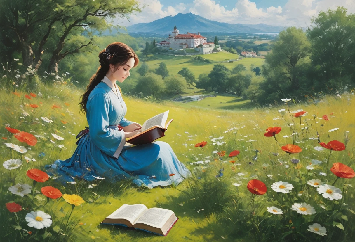 masterpiece, a beautiful girl lies on her stomach on the lawn and reads a book, painting in the style of Anders Zorn, Alexi Brilo, Luisa Royo, Studio Ghibli Genshin Impact