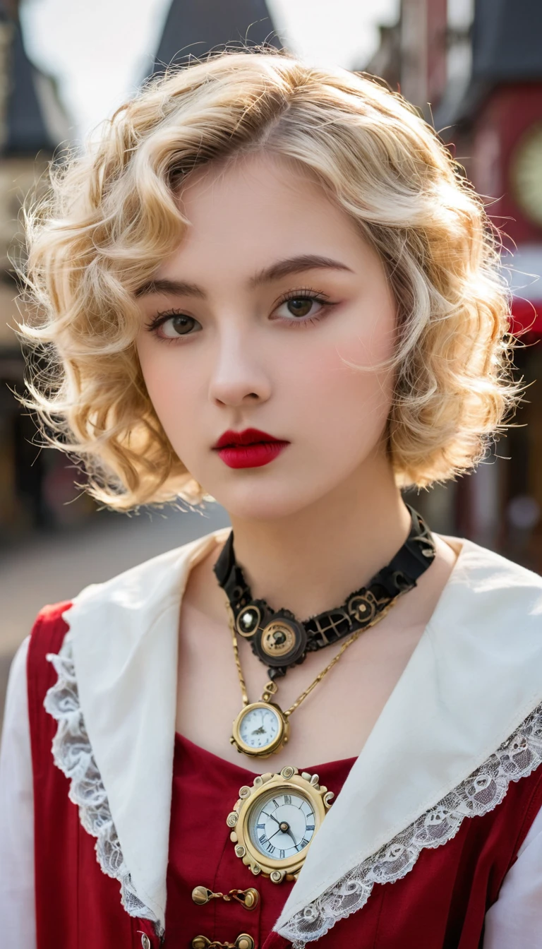 close up, Straight blond short curly hair child girl little red riding hood, Clock on necklace, (Victorian Era), ((Steampunk)), photography, Work, elegant, meticulous, Gorgeous, Maximum details, Extreme pursuit of aesthetics, Complex details, Lots of gears, Old town background