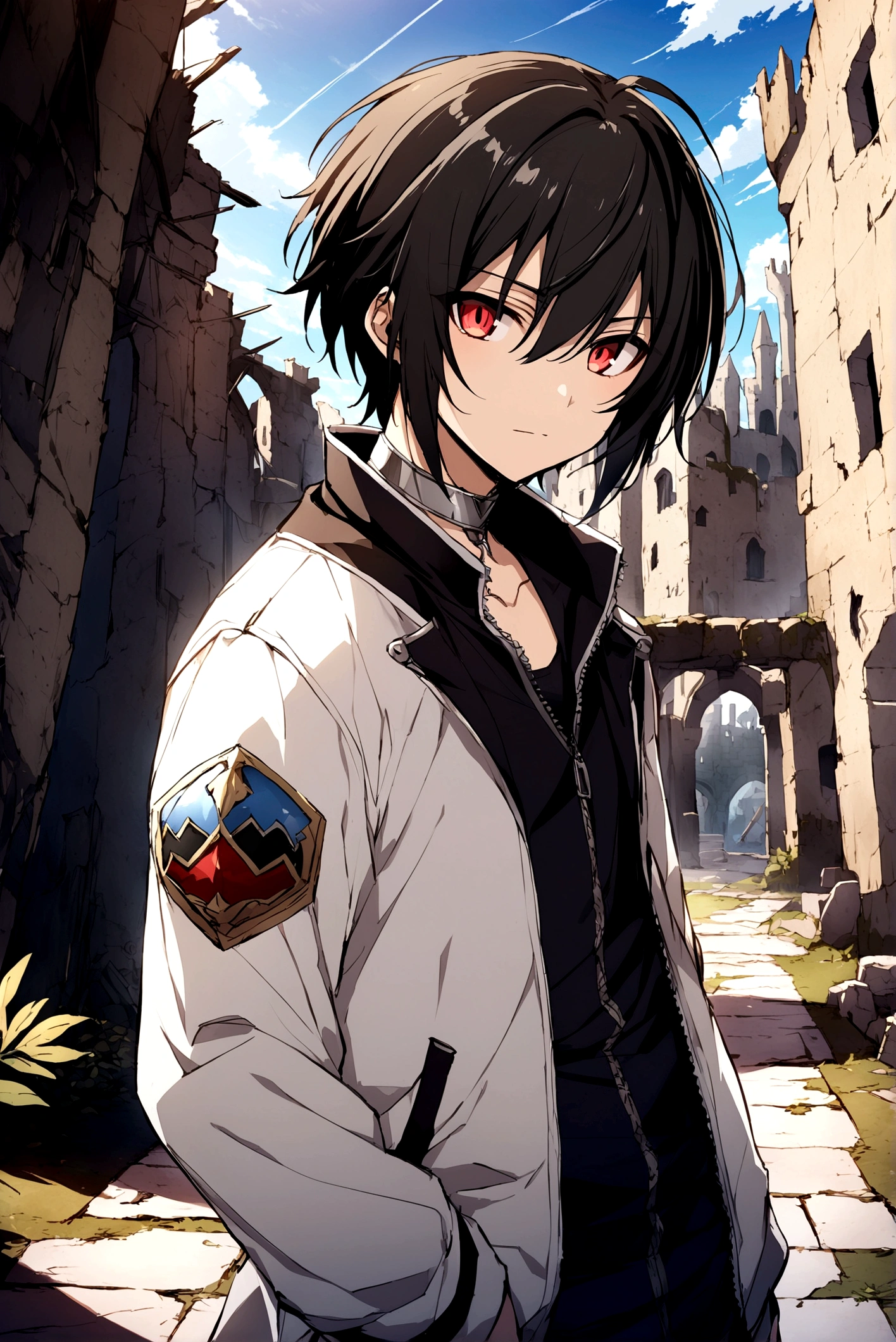 (masterpiece, best quality:1.2), rekkyou sensen,rekkyo sensen, hasuichi nishizono ,black hair, red eyes, boy, male, anime,1boy, bangs, hair between eyes, jacket, looking at viewer, male focus, short hair, solo, zipper, black underwear, silver choker, background with((fantasy world, ruin, castle, beautiful sky, shining sky, sunshine))