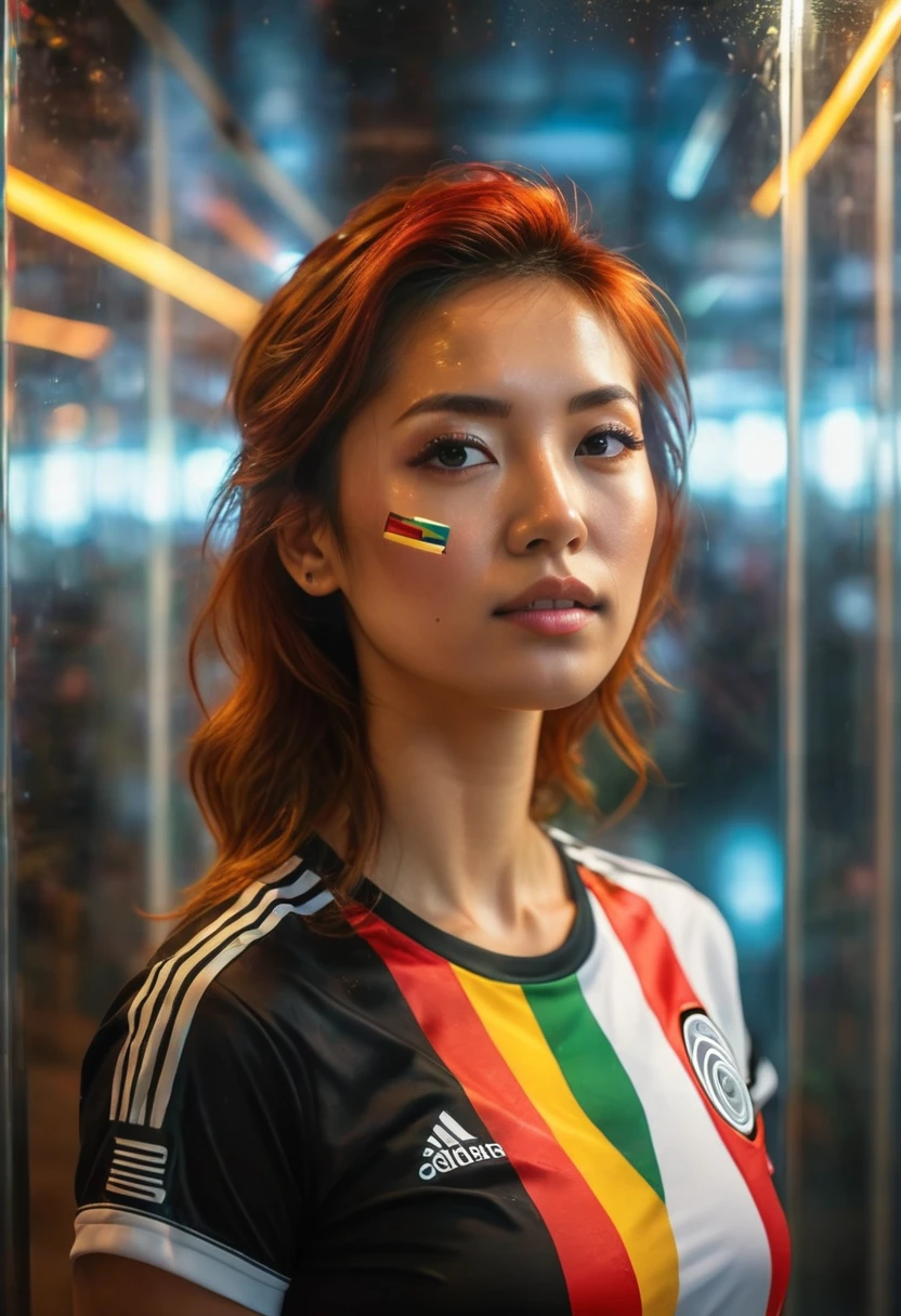 portrait complet photographie unique avec lumière et peinture, Drapeau allemand peignant les couleurs sur le visage, une jolie femme japonaise à tête rouge, elle porte un maillot de football de l&#39;Allemagne, pose dynamique, Le visage derrière un verre réfléchi, Cheveux flottants, brillent dans le noir, effet prisme lensflare, portrait macro dynamique, ultra très détaillé, Peau réaliste, Drapeau allemand avec des néons colorés en arrière-plan, Portrait réaliste par Arnau Mas