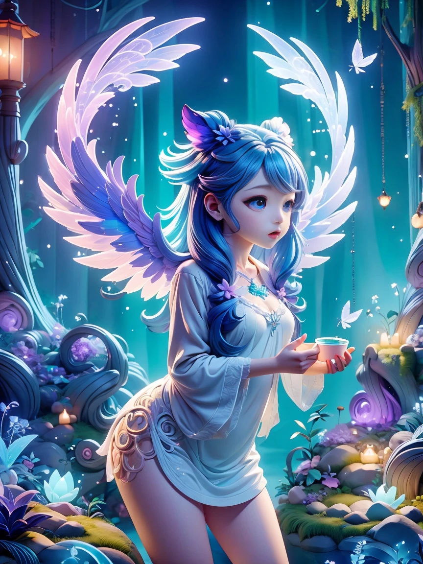 Chalk color style，I live in the sky，There are angel wings、8K，cute，cute大きな胸，Digital Art，high quality，Very detailed, Chalk color、Rounded、character