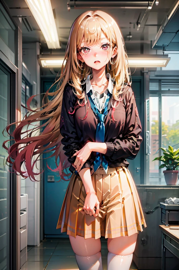 Chestnut Hair、Semi-long hair、Blushing、lipstick、Perfect hands、Detailed hands、pantyhose pull,panty pull、classroom、School、blackboard、school uniform、日本の、Pull down your panties