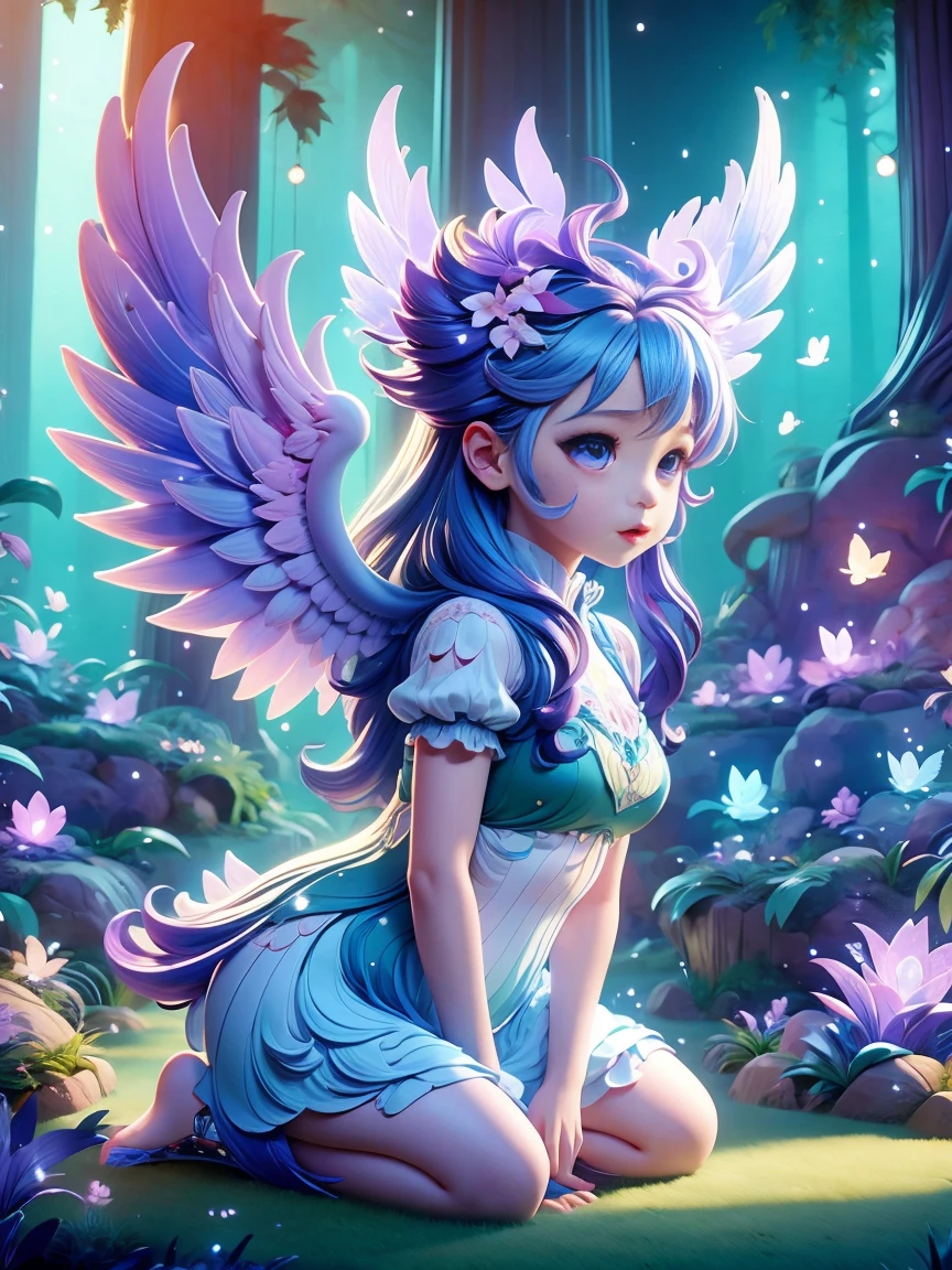 Chalk color style，I live in the sky，There are angel wings、8K，cute，cute大きな胸，Digital Art，high quality，Very detailed, Chalk color、Rounded、Children's Characters