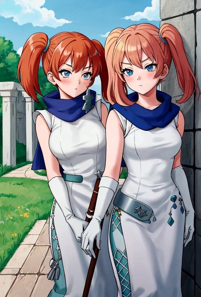 work of art, best qualityer, 2d anime style, White girl, short size hair, twin tails, light orange redhead, blush cheeks, turquoise eyes, long white dress with light blue details, sleeveless, elbow gloves, light blue scarf, waist belt, docile expression, Medieval theme, RPG, castle background, sky appearing, holding white scepter with blue details.
