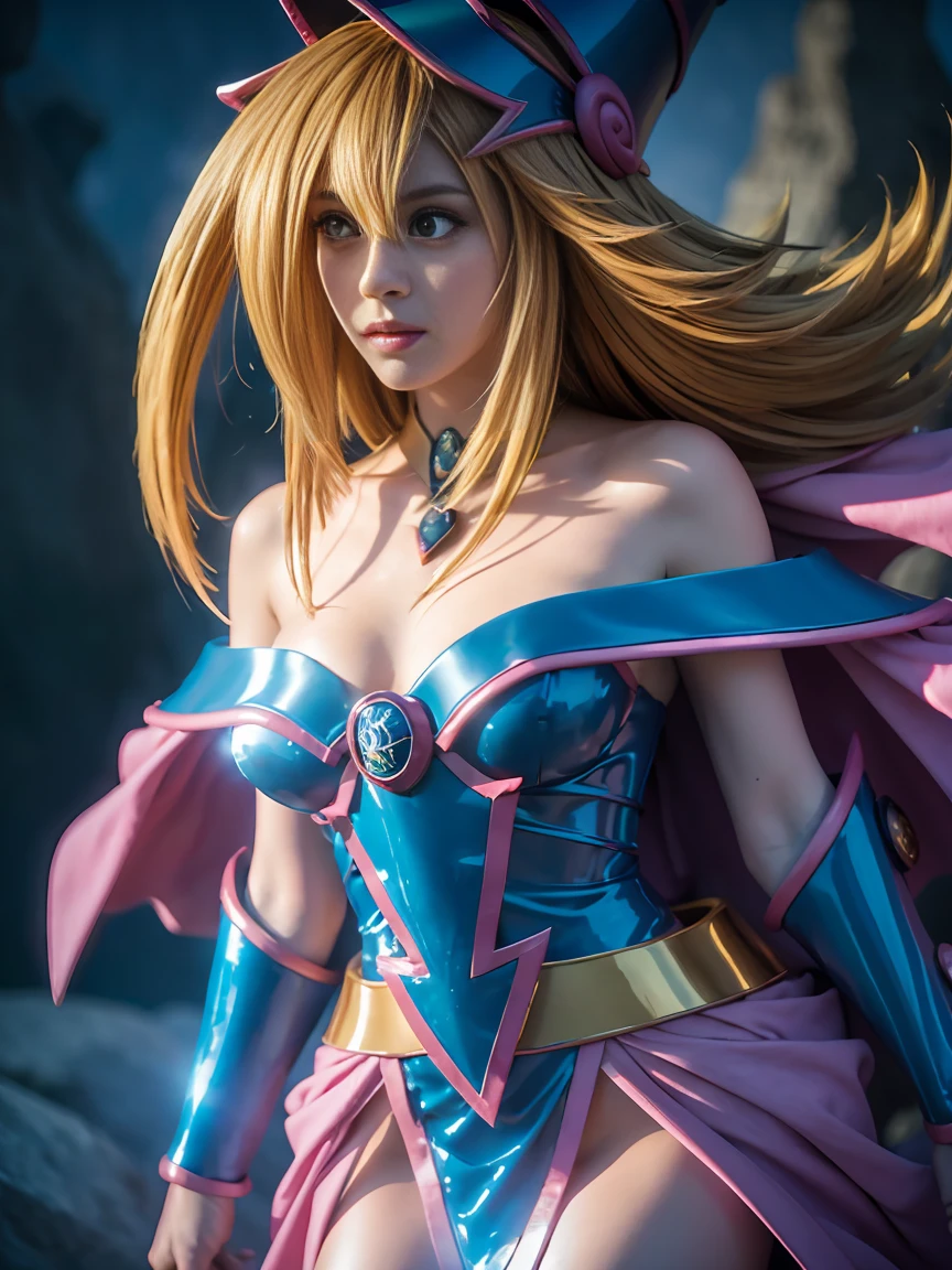 a dark magician girl, leaving a magic circle, mystical magic background, sensual pose, dark hearts in the air, detailed face, detailed eyes, detailed lips, ornate jewel-encrusted armor, glowing magical energy, dramatic lighting, cinematic composition, fantasy art style, moody color palette, dramatic shadows, ethereal atmosphere, photorealistic render, high-resolution, best quality, masterpiece, realistic, ((cute face)), japanese idol,night, 