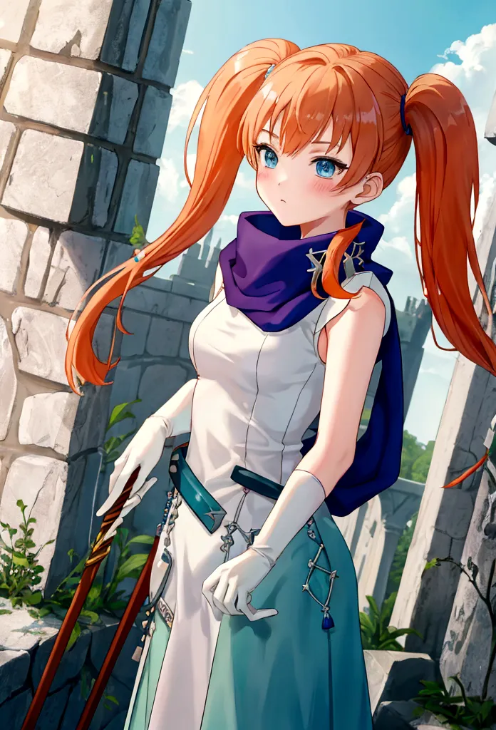 work of art, best qualityer, 2d anime style, White girl, short size hair, twin tails, light orange redhead, blush cheeks, turquo...