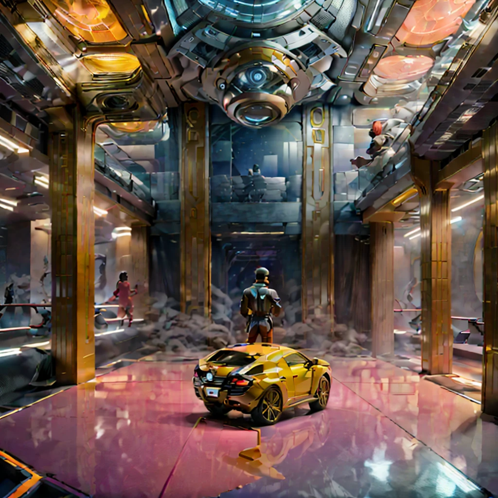 A male protagonist looks up from the large floor-to-ceiling windows of a super-tall skyscraper，Seeing the colors of happiness outside, futuristic city，Many people have pets, Different luxury cars, there are different types of people, Live together, There is a male protagonist