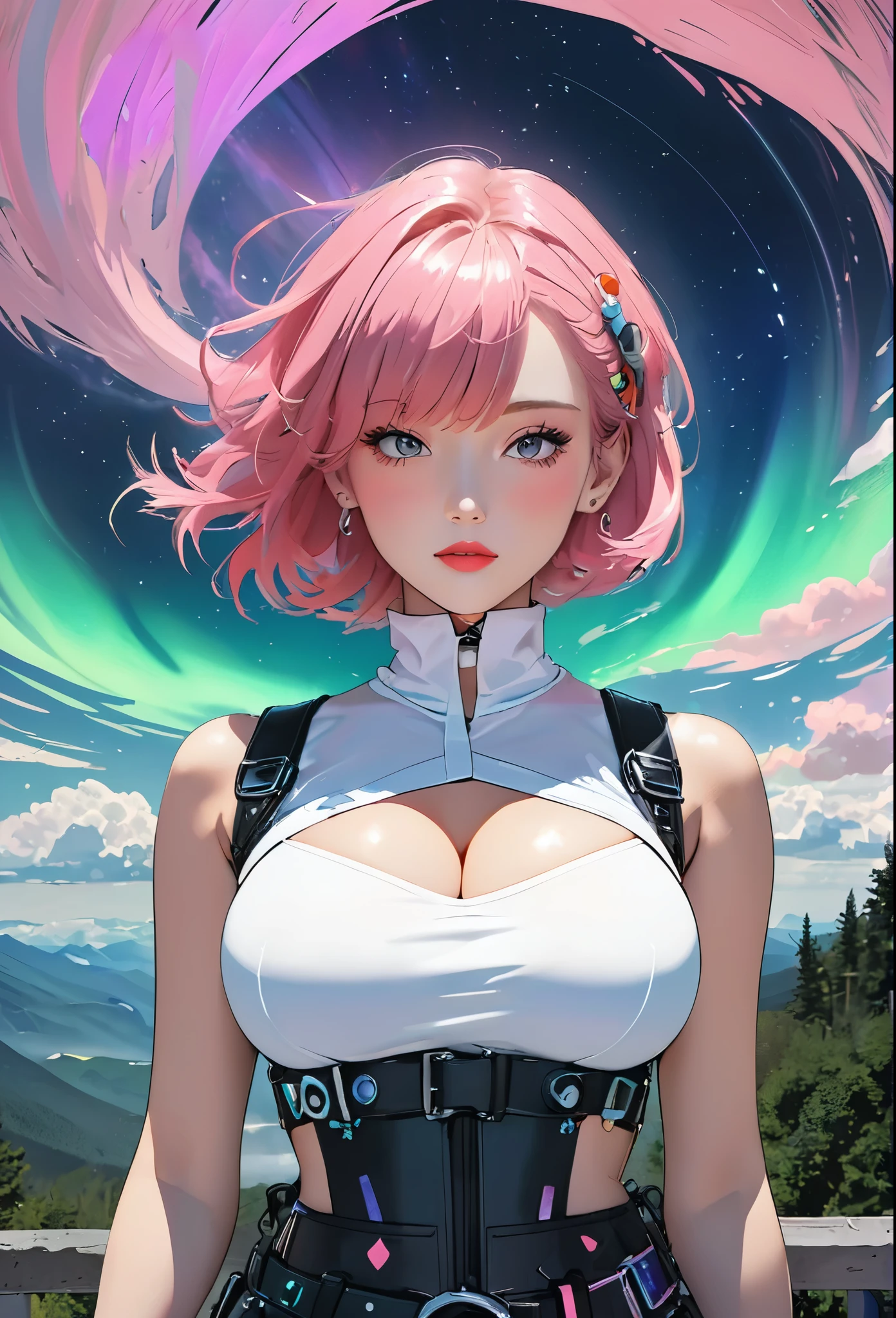 middle-aged girl，long pink hair, reddish-pink lips，In a bright white shirt，Pastel palette in aurora punk style，anime illustration of her face，Animated GIFs，Hand-drawn animation，Fascinating sketch，smooth and shiny，Foggy romanticism，Super flat style, photo background -- ar 1:1-niji 5-expressive style-with 50，cleavage，large breasts，Shoulder straps are detachable, universe in the background