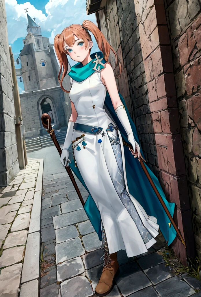 work of art, best qualityer, 2d anime style, White girl, short size hair, twin tails, light orange redhead, blush cheeks, turquoise eyes, long white dress with light blue details, silver details, sleeveless, elbow gloves, light blue scarf, waist belt, docile expression, Medieval theme, RPG, castle background, sky appearing, holding white scepter with blue details. fully body, concept art, Brown boots
