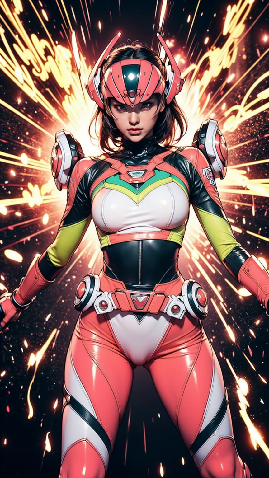 Solo, A brave and courageous image of a 6 member ranger team, Each one is decorated in vibrant colors such as:: ((Pink)), red is front of center, violet, Green, yellow, blue black, white,. Dynamic poses in a background that exudes energy and courage, neon, fire, plasma, Fluorescent, shocking, pink big bomber, splashing pink, running, fighting pose, action pose, Embodying the essence of the classic Sentai superhero team. Each Ranger:: The attire is sophisticated and modern, Each color has elements that reflect its theme., Ready for action. ((Camel Toe)), weapons, in sunset background , in cinematic lighting, cover art mixed cinema poster style,