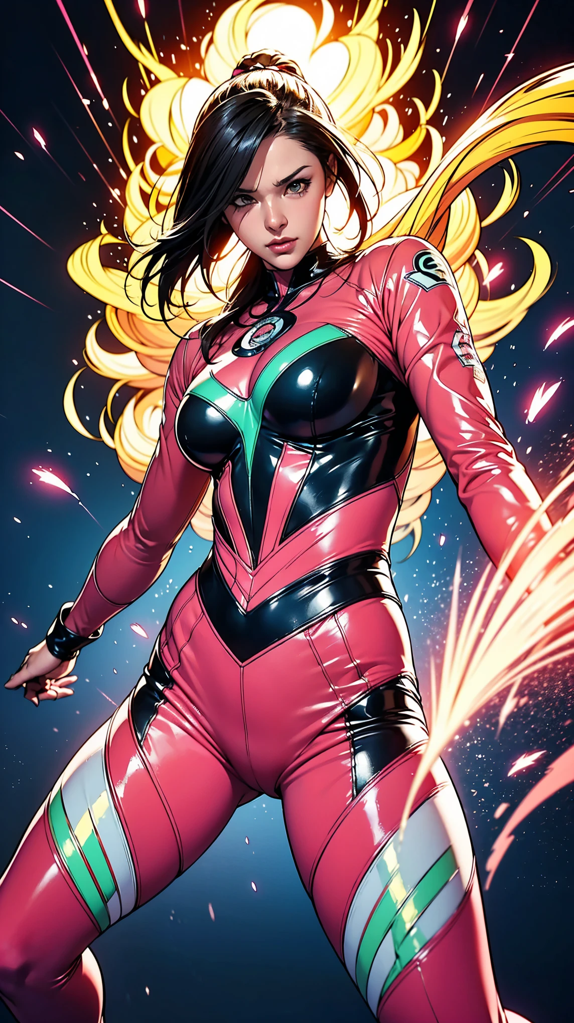 Solo, A brave and courageous image of a 6 member ranger team, Each one is decorated in vibrant colors such as:: ((Pink)), red is front of center, violet, Green, yellow, blue black, white,. Dynamic poses in a background that exudes energy and courage, neon, fire, plasma, Fluorescent, shocking, pink big bomber, splashing pink, running, fighting pose, action pose, Embodying the essence of the classic Sentai superhero team. Each Ranger:: The attire is sophisticated and modern, Each color has elements that reflect its theme., Ready for action. ((Camel Toe)), weapons, in sunset background , in cinematic lighting, cover art mixed cinema poster style,