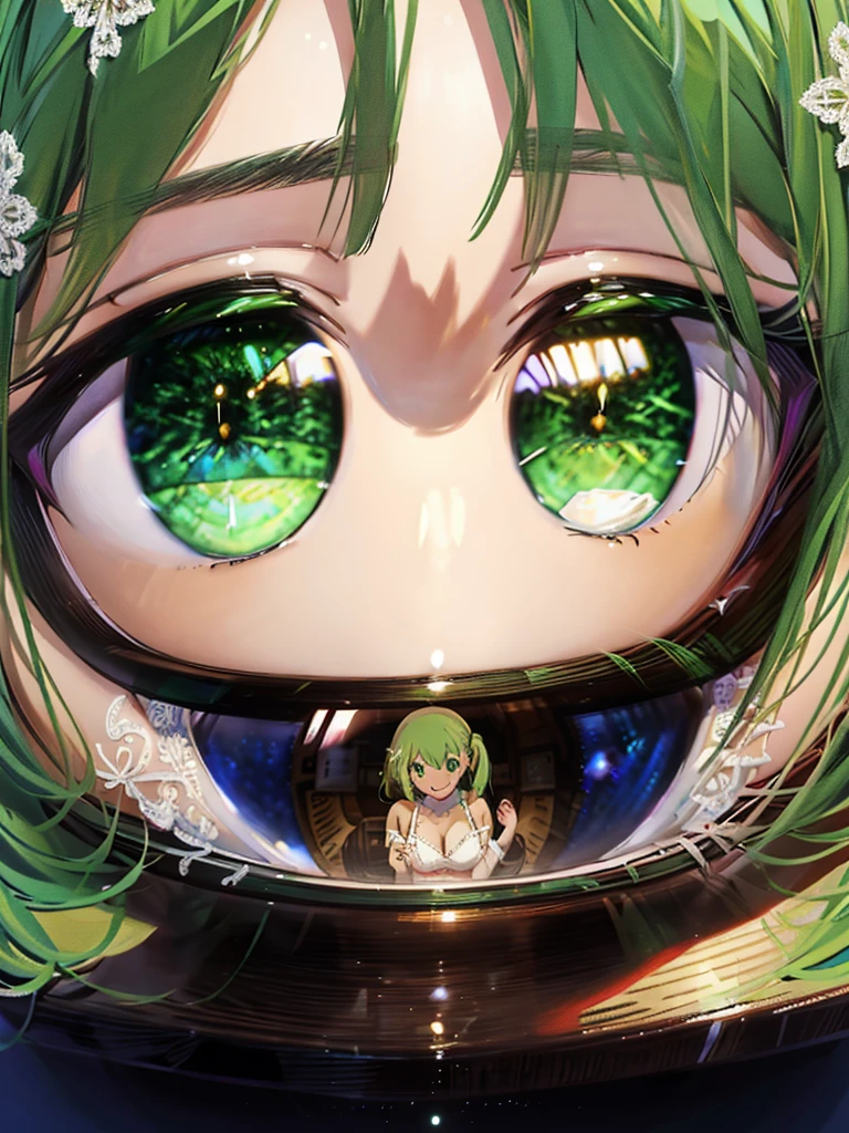 lifelike extremely high resolution keyvisual, calm girl, anime face, 20yo, green hair, parted bangs, short low ponytail, extremely detailed beautiful green eyes, huge breasts, cowboy shot, sitting on desk, smile, white lace bra, white lace panties, sideboob, classroom