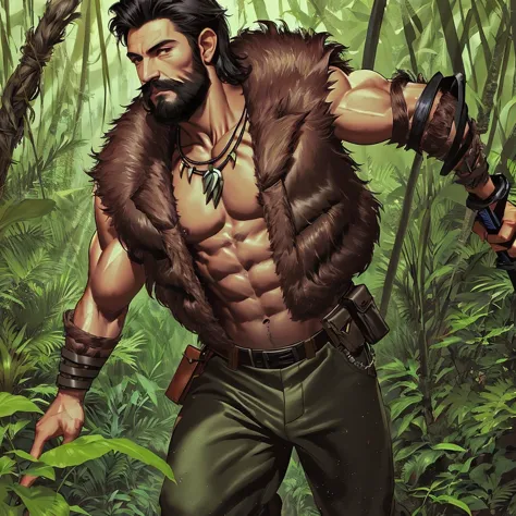 a man walking in a jungle 1boy, male focus, solo, facial hair, black hair, muscular, beard, holding, weapon, abs, manly, necklac...