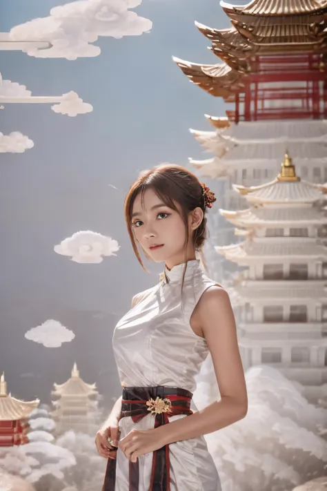 1girl,，pagoda，cloud，