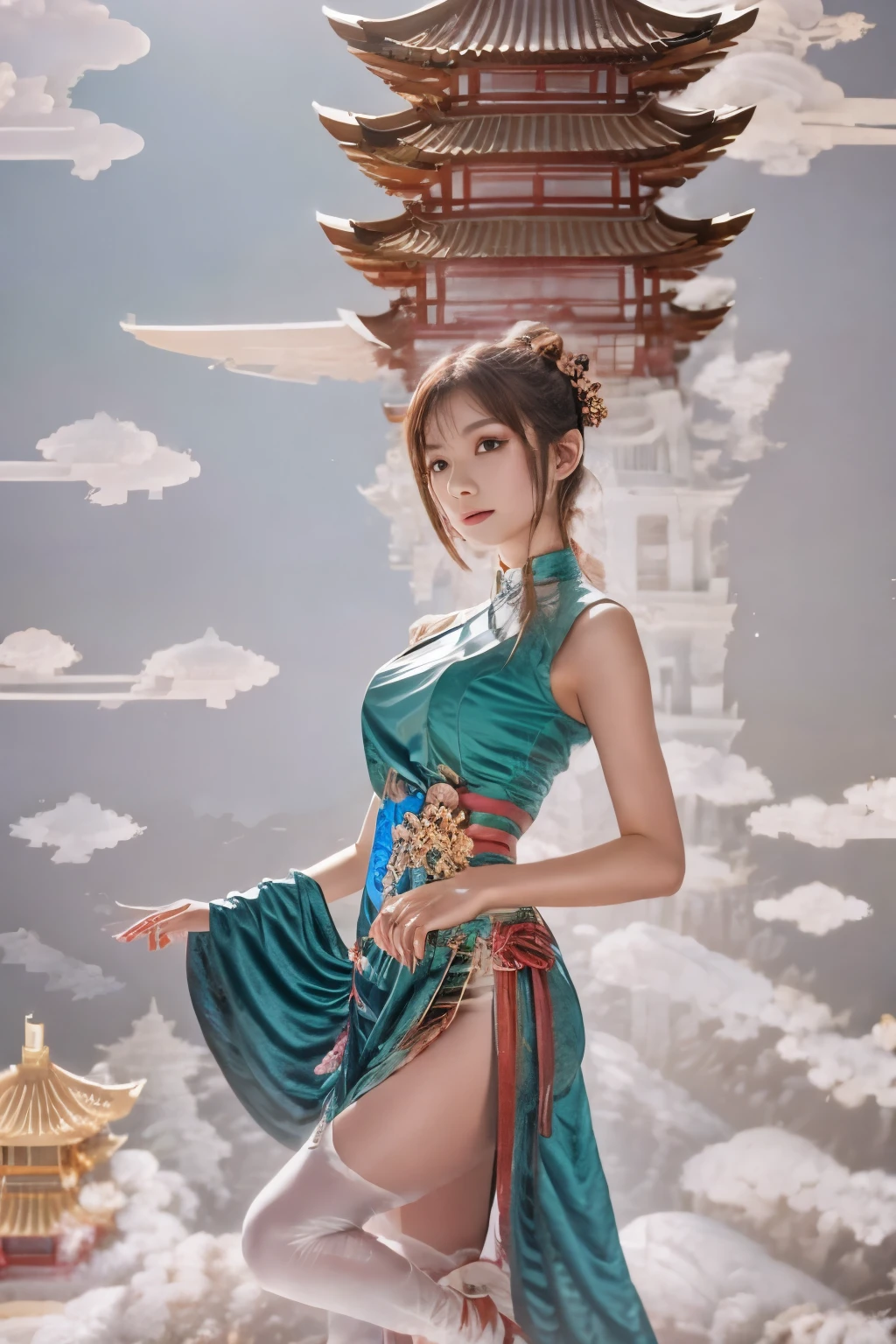 1girl,，pagoda，cloud，