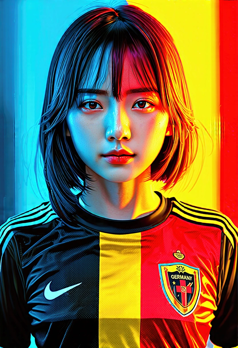 光と点描画によるユニークなフルポートレート写真, 顔にドイツ国旗の絵の色を塗る, かわいい赤毛の日本人女性, 彼女はドイツのサッカーのシャツを着ている, ダイナミックなポーズ, ガラスに映った顔, 浮かぶ髪, 暗闇で光る, プリズムレンズフレア効果, ダイナミックマクロポートレートショット, 非常に詳細な, リアルな肌, ドイツ国旗色のネオンライトの背景, アルナウ・マスによる写実的な肖像画