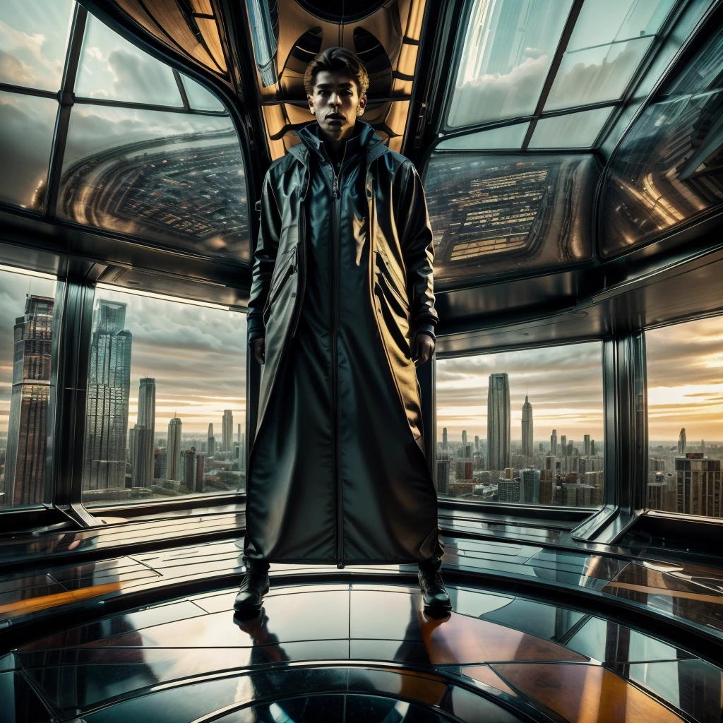 A male protagonist looks up from the large floor-to-ceiling windows of a super-tall skyscraper，Seeing the city of the future outside