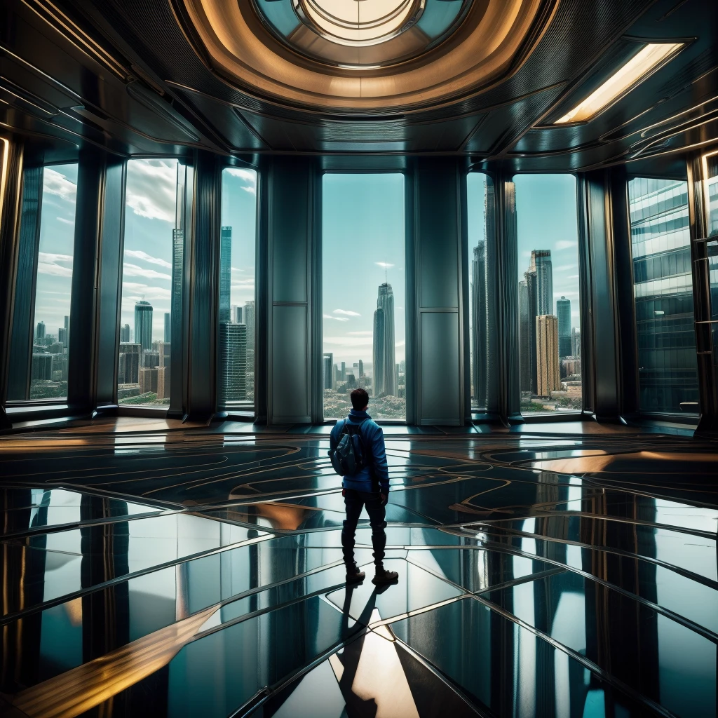 A male protagonist looks up from the large floor-to-ceiling windows of a super-tall skyscraper，Seeing the city of the future outside