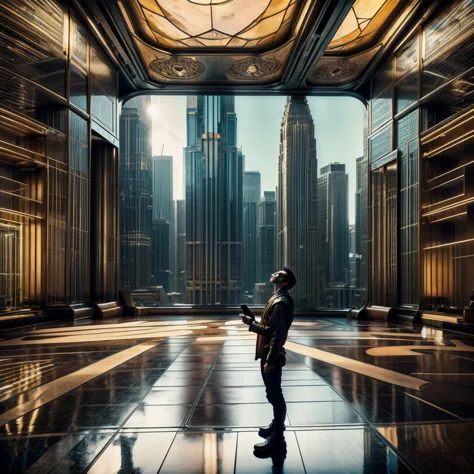 A male protagonist looks up from the large floor-to-ceiling windows of a super-tall skyscraper，Seeing the city of the future out...