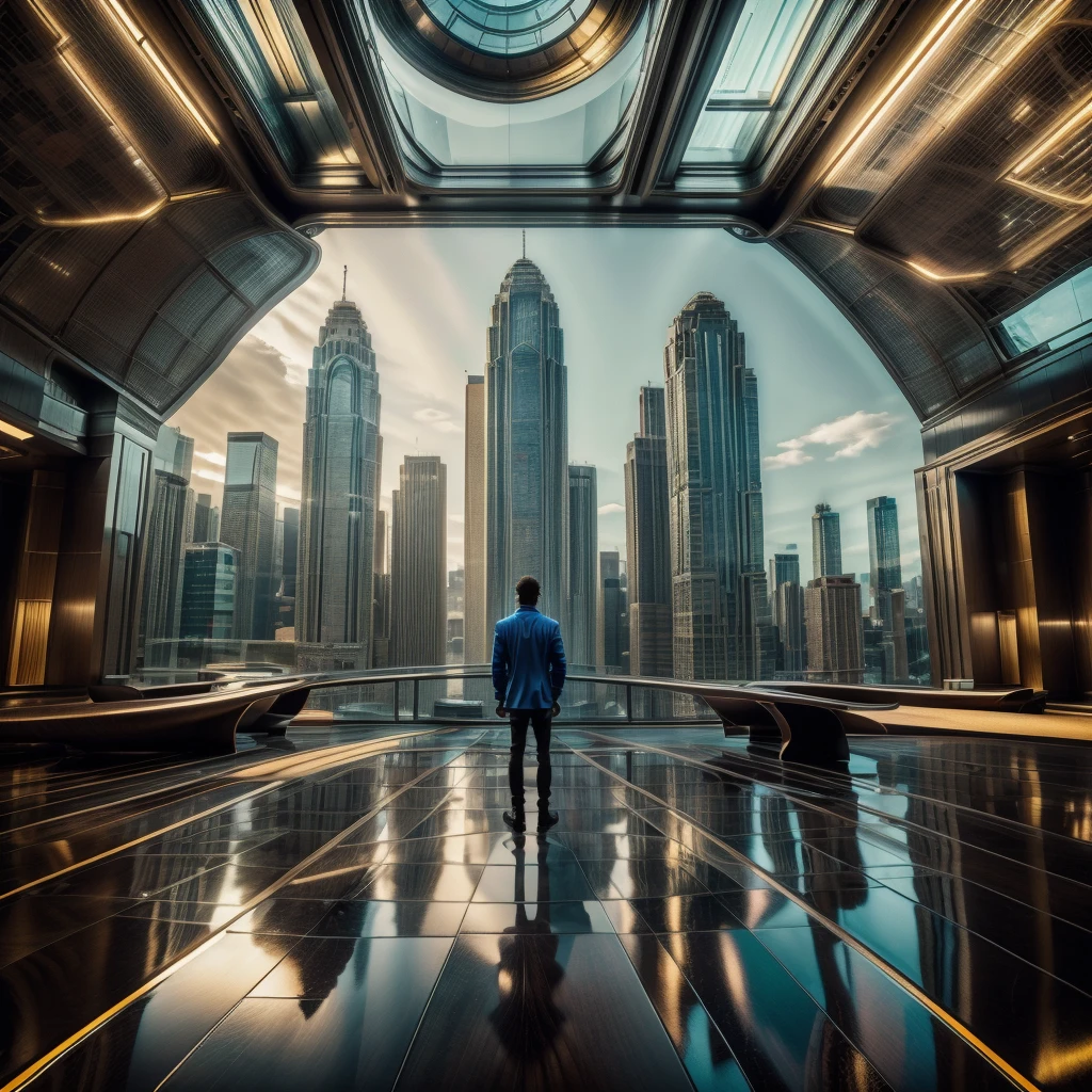 A male protagonist looks up from the large floor-to-ceiling windows of a super-tall skyscraper，Seeing the city of the future outside