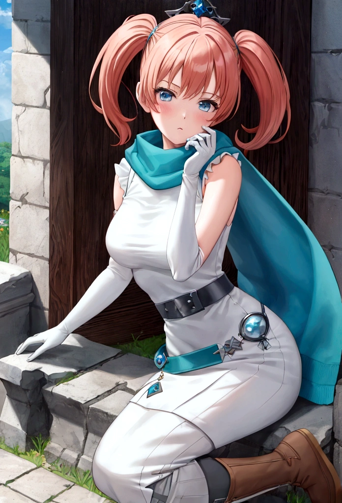 work of art, best qualityer, 2d anime style, White girl, short size hair, twin tails, light orange redhead, blush cheeks, turquoise eyes, long white dress with light blue details, silver details, sleeveless, elbow gloves, light blue scarf, waist belt, docile expression, diadem, Medieval theme, Priest Rpg, castle background, Healer, sky appearing, holding white scepter with blue details. fully body, concept art, Brown boots
