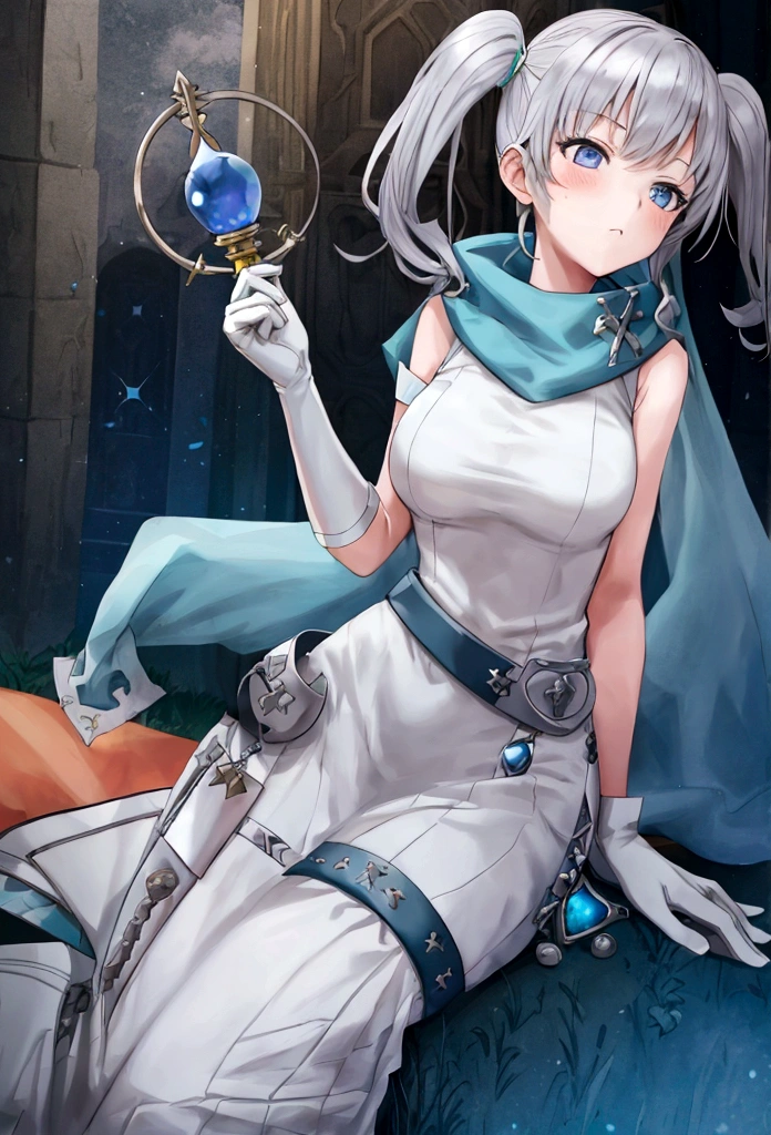 work of art, best qualityer, 2d anime style, White girl, short size hair, twin tails, light orange redhead, blush cheeks, turquoise eyes, long white dress with light blue details, silver details, sleeveless, elbow gloves, light blue scarf, waist belt, docile expression, diadem, Medieval theme, Priest Rpg, castle background, Healer, sky appearing, holding white scepter with blue details. fully body, concept art, Brown boots
