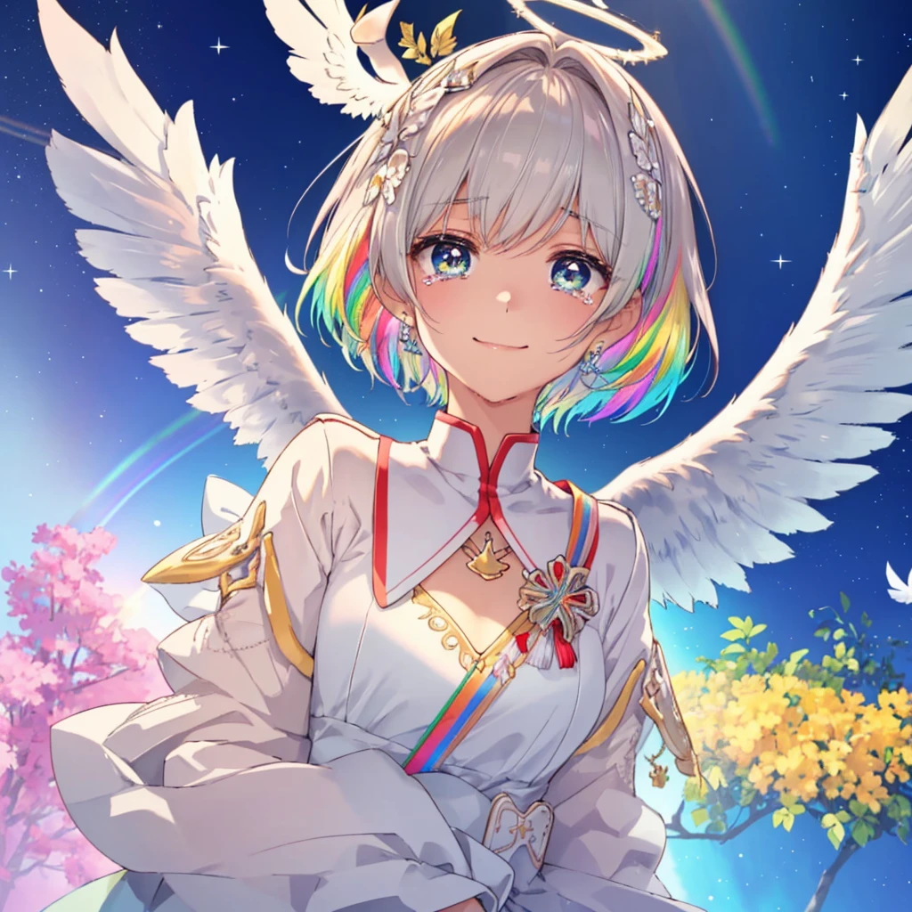 (((Extreme close-up　tears　smile　Low - Angle　Dove of peace　Angel Halo)))　((輝くtears　Rainbow Eyes　Short Hair　Receiving the light　Rainbow light　Place your hand on your chest　Aurora　Stretch your hand out towards me))　(Shining Edge　　Pillar of Light)