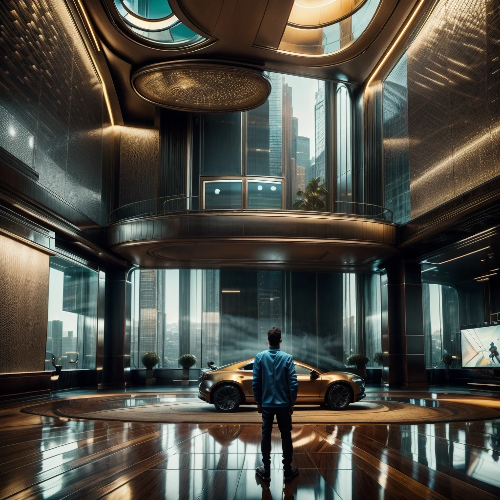 A male protagonist with a large pet looks up from the large floor-to-ceiling windows of a super-tall skyscraper，There are luxury cars indoors, There are large works of art, Outside the window is the city of the future