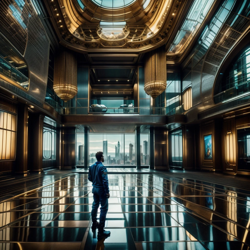 A male protagonist with a large pet looks up from the large floor-to-ceiling windows of a super-tall skyscraper，There are luxury cars indoors, There are large works of art, Outside the window is the city of the future