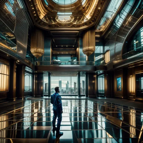 A male protagonist with a large pet looks up from the large floor-to-ceiling windows of a super-tall skyscraper，There are luxury...