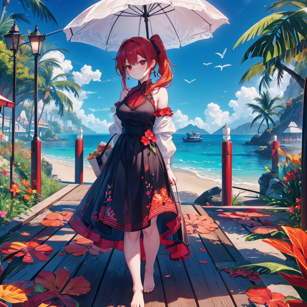 Parasol, food, basket, flip flops, vinyl sheet, Beaches and sands, Calm expression, Perfect hands, elder, Red Hair, The dignity of a 50-year-old, 落ち着きのあるwoman, solo、(Highly detailed background:1.0)、(Highly detailed background:1.0)、masterpiece、Highest quality、(Babes)、Fractal Art、Red eyes、Narrow eyes、black and red dress, Reddish cheeks、Tropical Sea、From the shoulders up、Recall、smile、One Woman、Three-dimensional clouds、Venice beach, Red long ponytail, Red eyes,スタイリッシュなアクセサリーsolo, Big Breasts, woman, Take-out, Provocative laughter,40 year old woman,Queen of Sadism, Highly detailed background, Great writing style, Clasp your arms in front of your chest, Splash, Diffuse reflection of light, Perfect Human Medicine, Water breathing, Bare Skin, barefoot, Sweat,