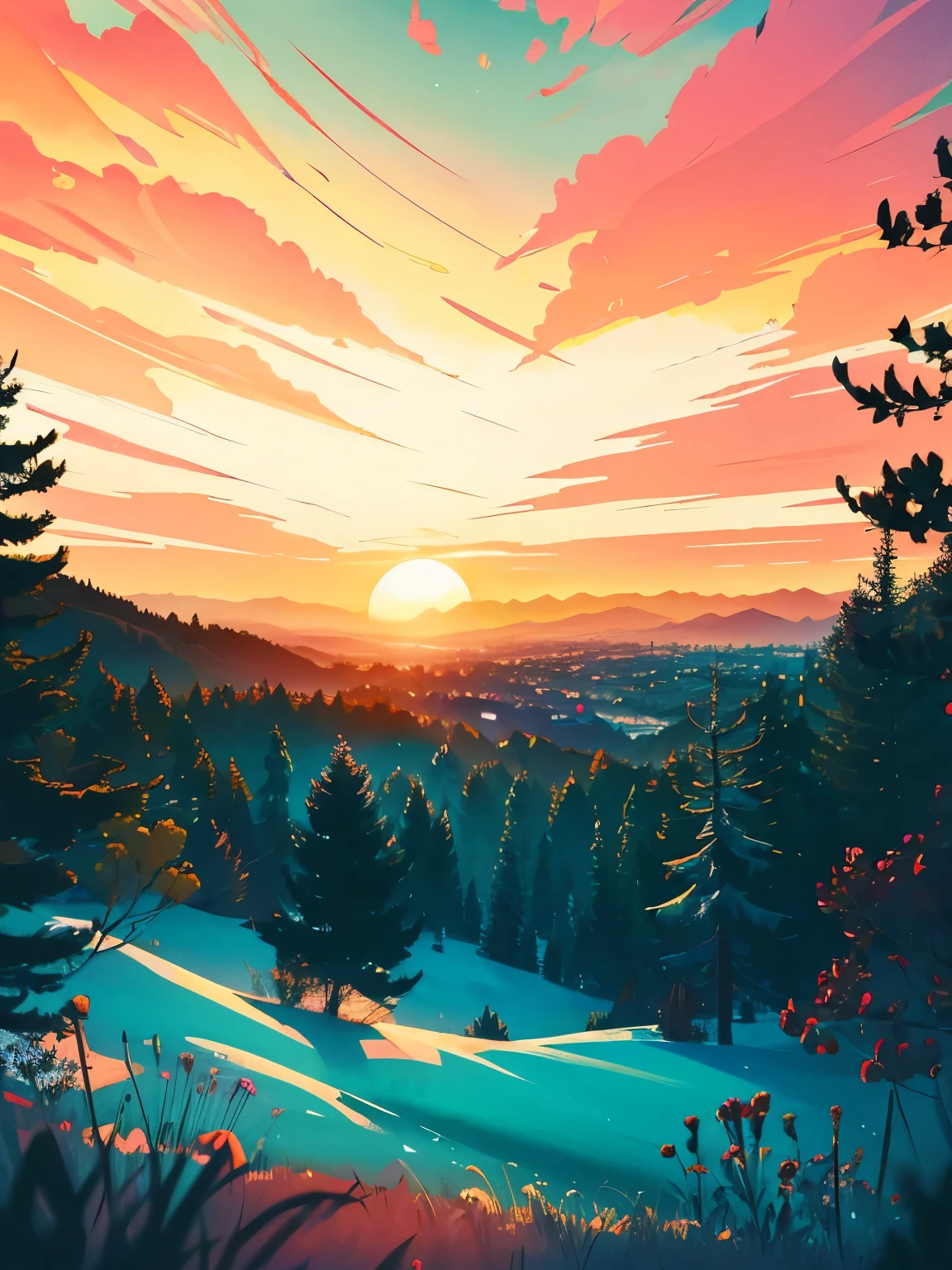 Dibujo artístico de animación digital de una amplia escena de baja fidelidad.,El pico，Takayama，Un enorme amanecer se puede ver a lo lejos.,Enorme brillo ，hermoso cielo nublado，Dispersados del sol, La belleza de la naturaleza, vibrant hues, Obra maestra, Escena impactante，Espectacular amanecer