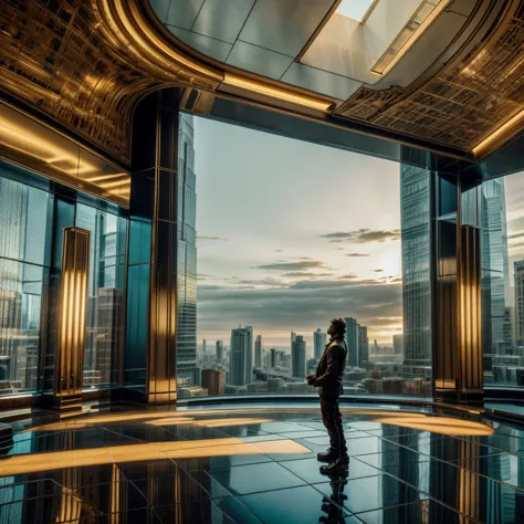 The male protagonist looks up from the large floor-to-ceiling windows of a super-tall skyscraper，There is a lion indoors, luxury...