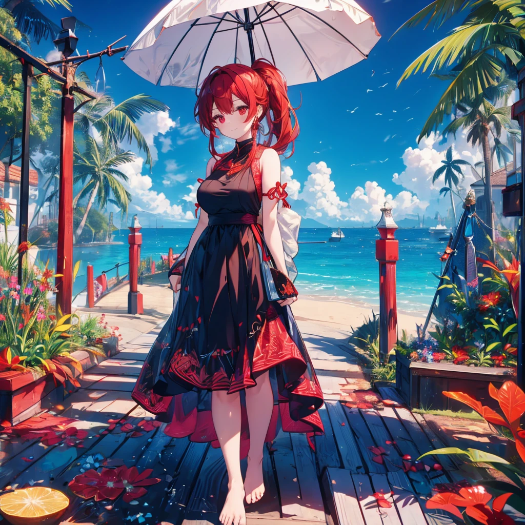 food, basket, flip flops, vinyl sheet, Beaches and sands, Calm expression, Perfect hands, elder, Red Hair, The dignity of a 50-year-old, 落ち着きのあるwoman, solo、(Highly detailed background:1.0)、(Highly detailed background:1.0)、masterpiece、Highest quality、(Babes)、Fractal Art、Red eyes、Narrow eyes、black and red dress, Reddish cheeks、Tropical Sea、From the shoulders up、Recall、smile、One Woman、Three-dimensional clouds、Venice beach, Red long ponytail, Red eyes,スタイリッシュなアクセサリーsolo, Big Breasts, woman, Take-out, Provocative laughter,40 year old woman,Queen of Sadism, Highly detailed background, Great writing style, Clasp your arms in front of your chest, Splash, Diffuse reflection of light, Perfect Human Medicine, Water breathing, Bare Skin, barefoot, Sweat,