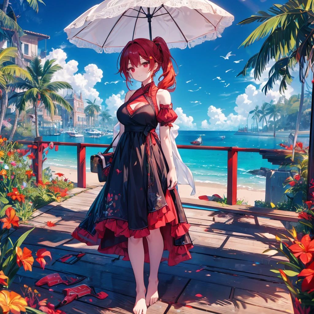 food, basket, flip flops, vinyl sheet, Beaches and sands, Calm expression, Perfect hands, elder, Red Hair, The dignity of a 50-year-old, 落ち着きのあるwoman, solo、(Highly detailed background:1.0)、(Highly detailed background:1.0)、masterpiece、Highest quality、(Babes)、Fractal Art、Red eyes、Narrow eyes、black and red dress, Reddish cheeks、Tropical Sea、From the shoulders up、Recall、smile、One Woman、Three-dimensional clouds、Venice beach, Red long ponytail, Red eyes,スタイリッシュなアクセサリーsolo, Big Breasts, woman, Take-out, Provocative laughter,40 year old woman,Queen of Sadism, Highly detailed background, Great writing style, Clasp your arms in front of your chest, Splash, Diffuse reflection of light, Perfect Human Medicine, Water breathing, Bare Skin, barefoot, Sweat,