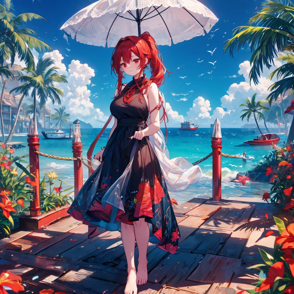 food, basket, flip flops, vinyl sheet, Beaches and sands, Calm expression, Perfect hands, elder, Red Hair, The dignity of a 50-year-old, 落ち着きのあるwoman, solo、(Highly detailed background:1.0)、(Highly detailed background:1.0)、masterpiece、Highest quality、(Babes)、Fractal Art、Red eyes、Narrow eyes、black and red dress, Reddish cheeks、Tropical Sea、From the shoulders up、Recall、smile、One Woman、Three-dimensional clouds、Venice beach, Red long ponytail, Red eyes,スタイリッシュなアクセサリーsolo, Big Breasts, woman, Take-out, Provocative laughter,40 year old woman,Queen of Sadism, Highly detailed background, Great writing style, Clasp your arms in front of your chest, Splash, Diffuse reflection of light, Perfect Human Medicine, Water breathing, Bare Skin, barefoot, Sweat,