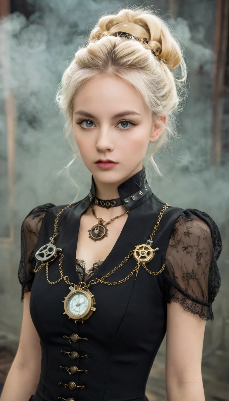 image de face , Fille blonde cheveux longs, robe sexy noire , collier, (époque victorienne), ((steampunk)), la photographie, travail, élégant, méticuleux, Magnifique, un maximum de détails, Recherche extrême de l'esthétique, détails complexes, beaucoup d&#39;engrenages,