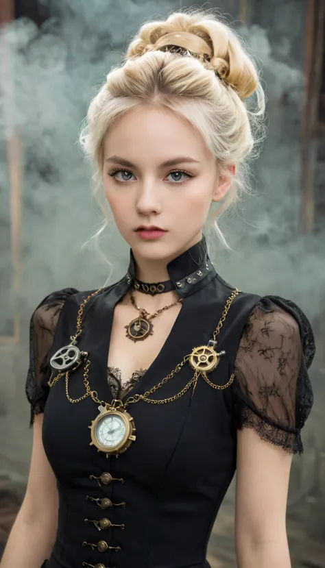 image de face , Fille blonde cheveux longs, robe sexy noire , collier, (époque victorienne), ((steampunk)), la photographie, tra...