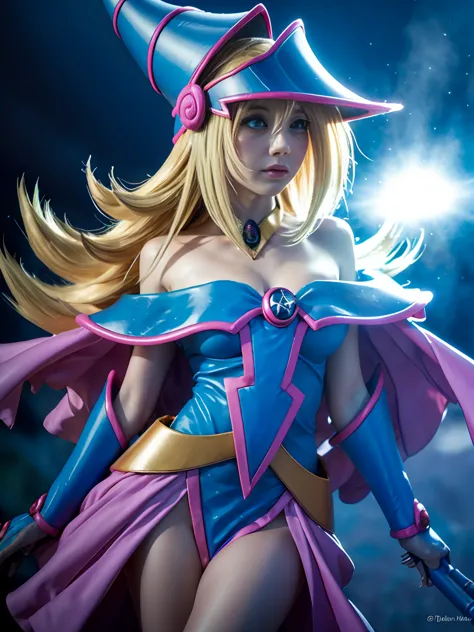 a dark magician girl, leaving a magic circle, mystical magic background, sensual pose, dark hearts in the air, detailed face, de...