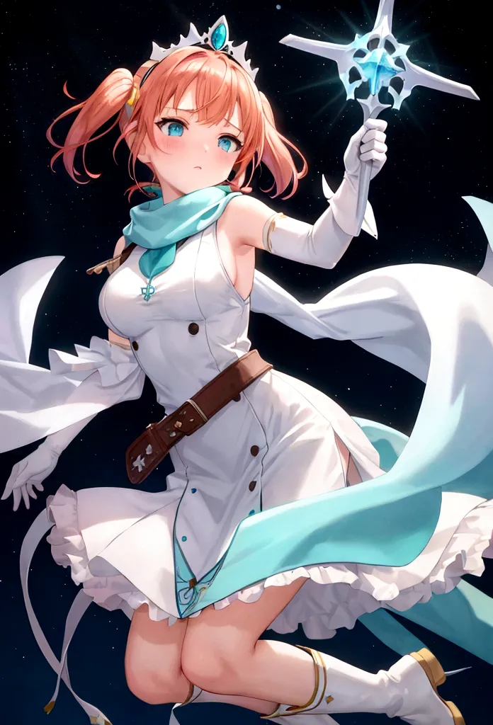 work of art, best qualityer, 2d anime style, white girl, short size hair, twin tails, light orange redhead, blush cheeks, turquo...