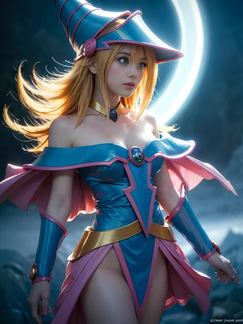 a dark magician girl, leaving a magic circle, mystical magic background, sensual pose, dark hearts in the air, detailed face, de...