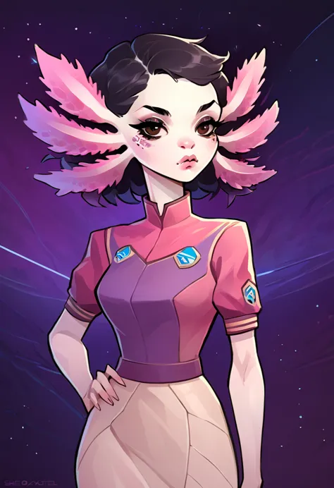 Stylized comic art style, female anthropomorphic axolotl, she has a very beautiful face with a serious expression, she has white...