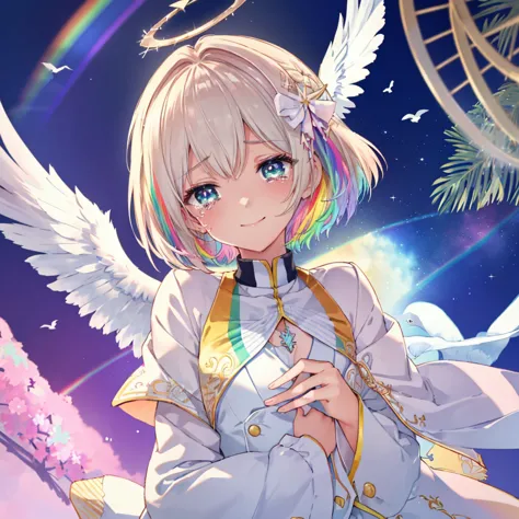 (((Extreme close-up　tears　smile　Low - Angle　Dove of peace　Angel Halo)))　((輝くtears　Rainbow Eyes　Short Hair　Receiving the light　Ra...