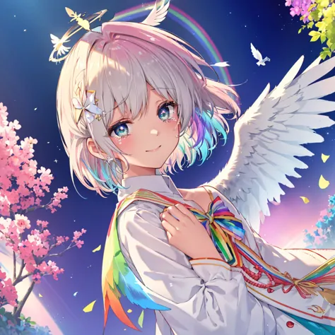 (((Extreme close-up　tears　smile　Low - Angle　Dove of peace　Angel Halo)))　((輝くtears　Rainbow Eyes　Short Hair　Receiving the light　Ra...