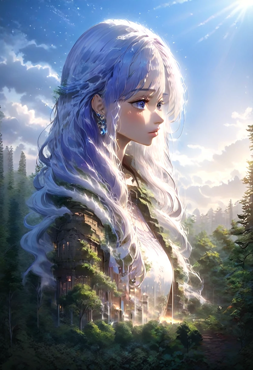 1 small woman with extremely long snow white hair, purple hair with bright electric blue tips, piercing blue eyes, highly detailed face, delicate feminine features, sensual expression, standing in a mystical forest clearing, soft warm lighting, ethereal atmosphere, (best quality,8k,highres,masterpiece:1.2),ultra-detailed,(realistic,photorealistic,photo-realistic:1.37),dramatic lighting,cinematic composition,fantasy,magical realism