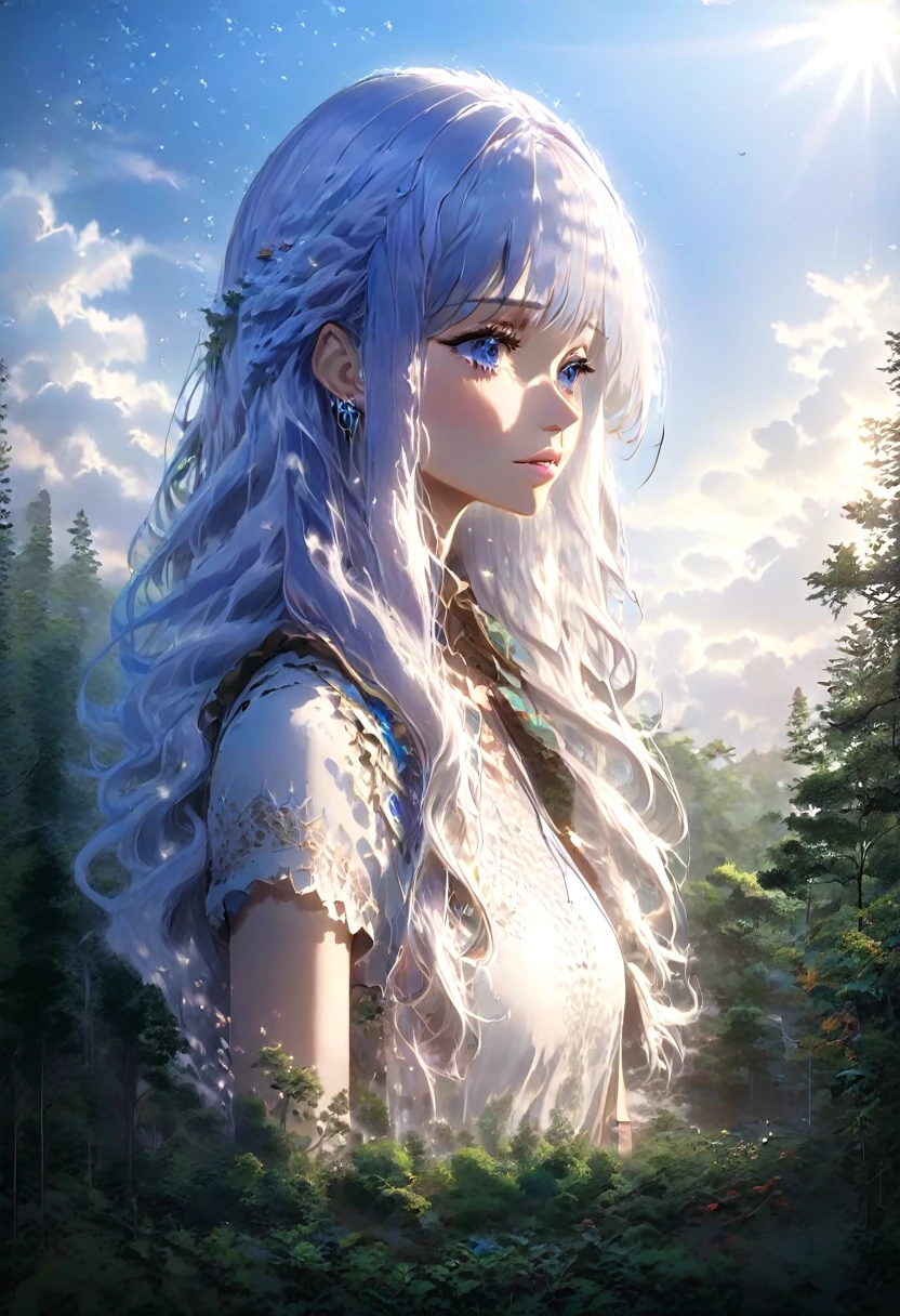 1 small woman with extremely long snow white hair, purple hair with bright electric blue tips, piercing blue eyes, highly detailed face, delicate feminine features, sensual expression, standing in a mystical forest clearing, soft warm lighting, ethereal atmosphere, (best quality,8k,highres,masterpiece:1.2),ultra-detailed,(realistic,photorealistic,photo-realistic:1.37),dramatic lighting,cinematic composition,fantasy,magical realism