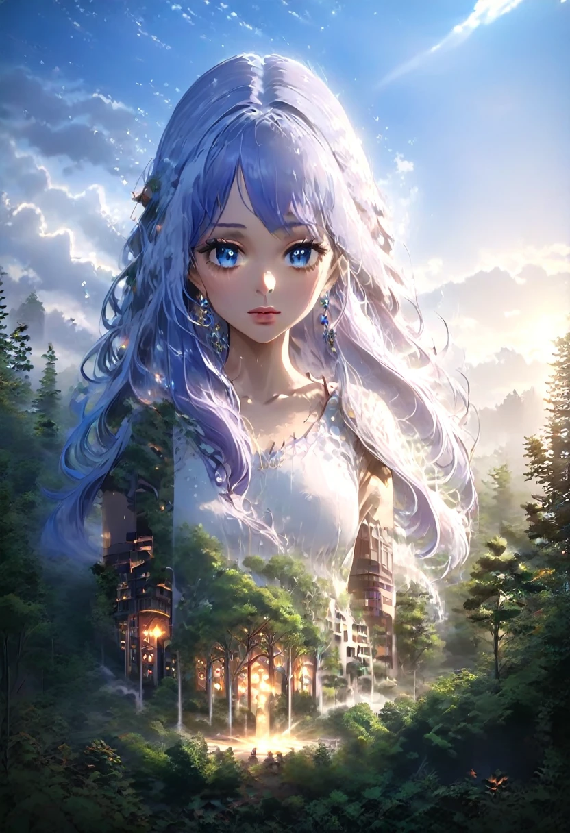 1 small woman with extremely long snow white hair, purple hair with bright electric blue tips, piercing blue eyes, highly detailed face, delicate feminine features, sensual expression, standing in a mystical forest clearing, soft warm lighting, ethereal atmosphere, (best quality,8k,highres,masterpiece:1.2),ultra-detailed,(realistic,photorealistic,photo-realistic:1.37),dramatic lighting,cinematic composition,fantasy,magical realism