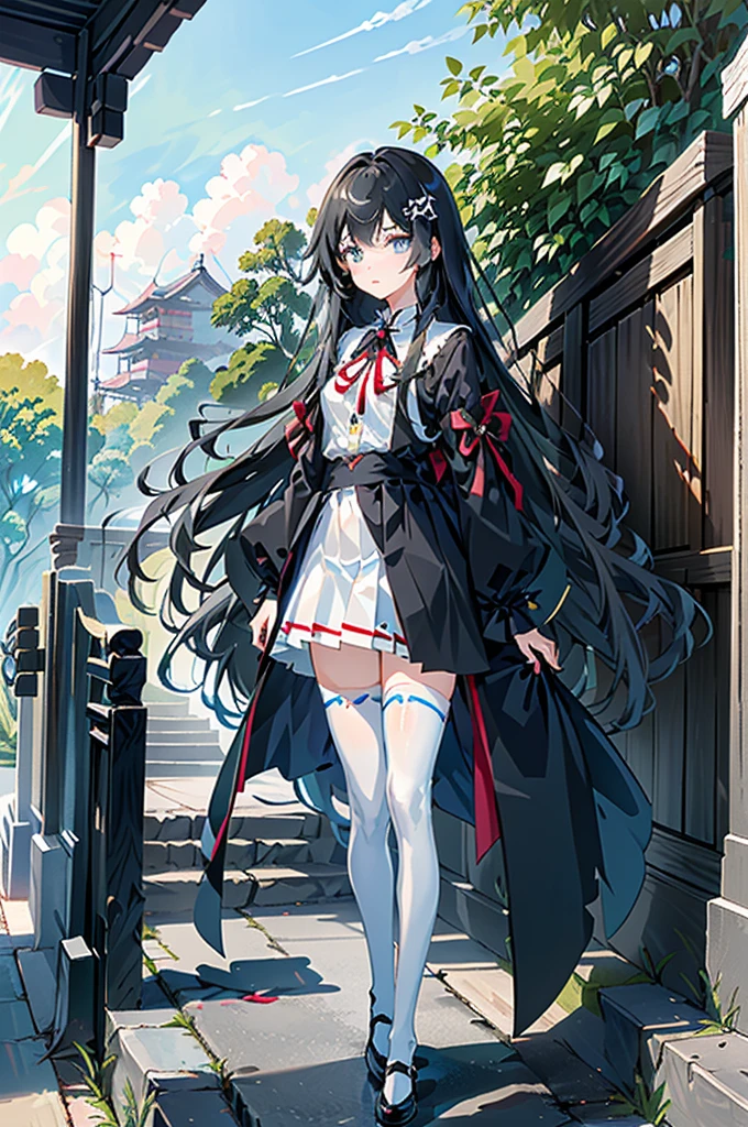 1girl,  solo, outdoors, long hair, holy place, Original,(Illustration:1.1),(Best Quality),(masutepiece:1.1),(the Extremely Detailed CG Unity 8K Wallpapers:1.1), (Colorful:0.9),(mid-shot:0.95),(extremely detailed beautiful face),(Solo:1.2), (girl),(((Lori))), (Detailed beautiful eyes:1.15), (Beautiful face:1.15), (Glowing blue eyes:1.25////),(((sky blue Long Hair))),(two side up),(+perfect hand+:1.21),(Draw illustration of Japan priestess costume),(slender),(White pleated skirt),(Gothic),((black thighhighs)),(frilld),(Beautiful Slender Lolita Girl),hallowween,standing, girl,10 years old,  girl,foggy place,